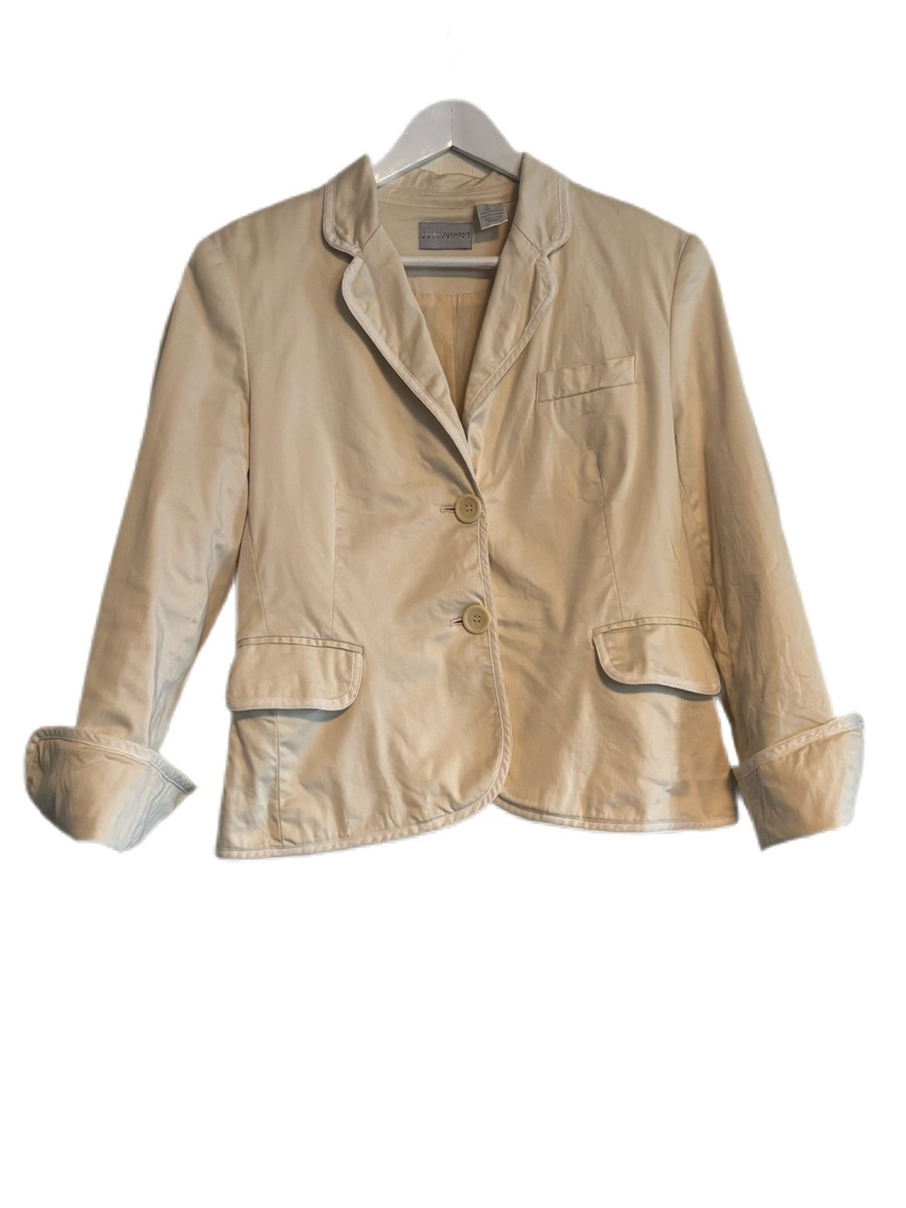 Laura Clement Beige Tailored Blazer White Contrast Trim Quiet Luxury Size 8